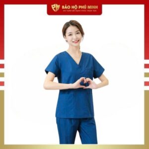 Bộ scrubs cổ tim màu xanh đoàn cao cấp